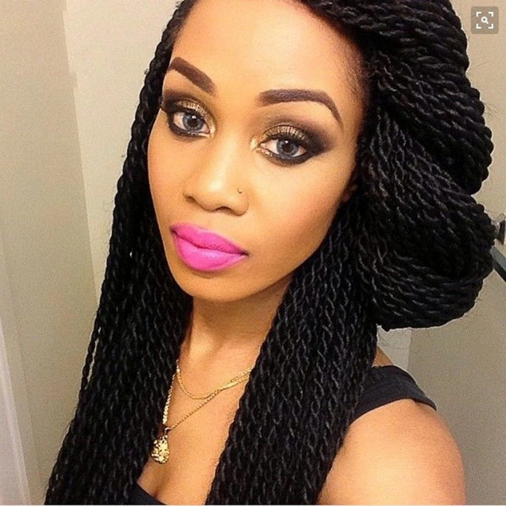 Long Black Braided Lace Front Wig For Black Women Full Senegalese Synthetic Twist Braided Lace Wigs - promboutiqueonline