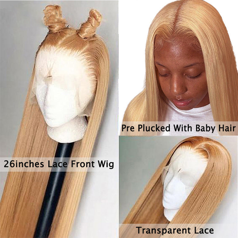 Honey Blonde Straight lace front Remy Human Hair Wig For Women with Transparent Lace - promboutiqueonline