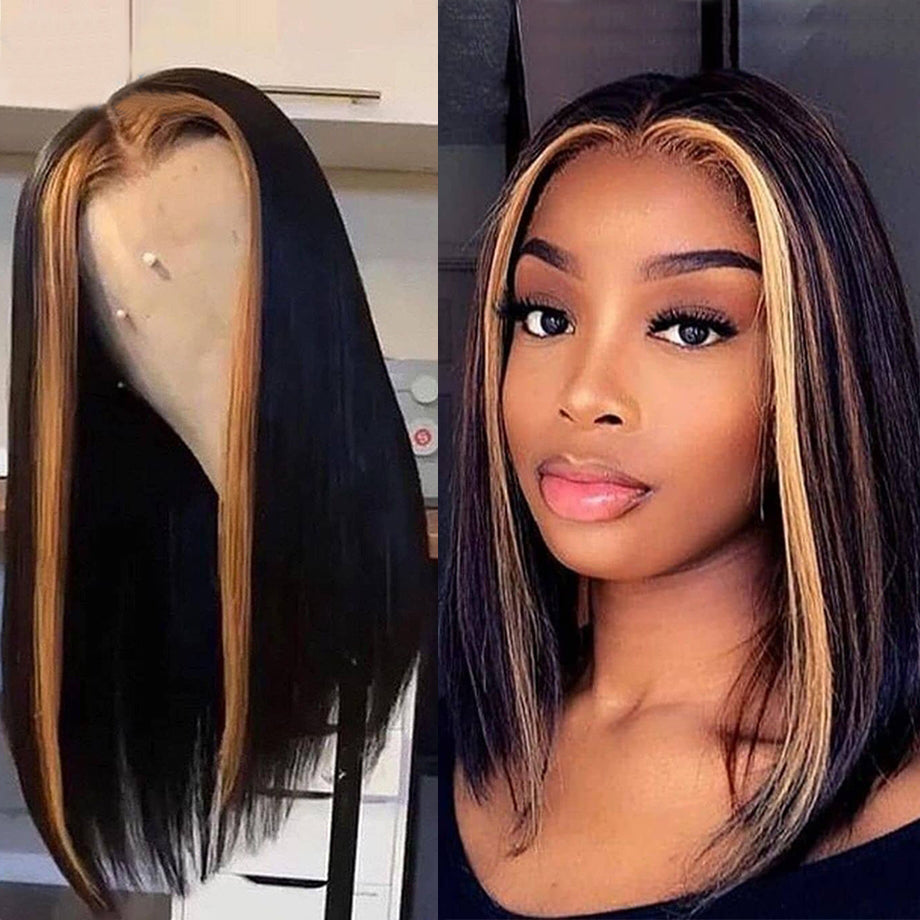 T Frontal Lace Human Hair Bob Wigs for Women Straight Ombre Blonde Highlight Middle Part Lace Front Wigs with Baby Hair - promboutiqueonline