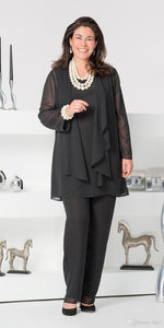 3PCS Chiffon Mother of The Bride Pant suits Long Sleeve Jacket