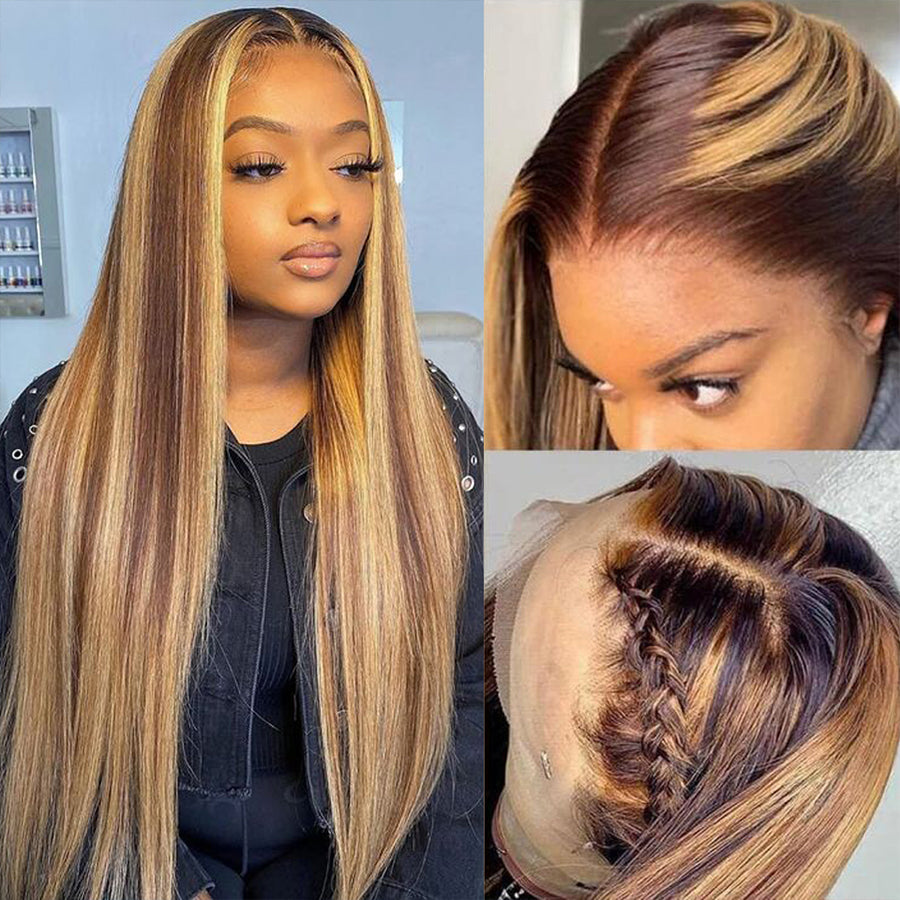 Highlight Ombre Blonde HD Straight Lace Front Wigs Undetectable Human Hair Wig with Baby Hair - promboutiqueonline