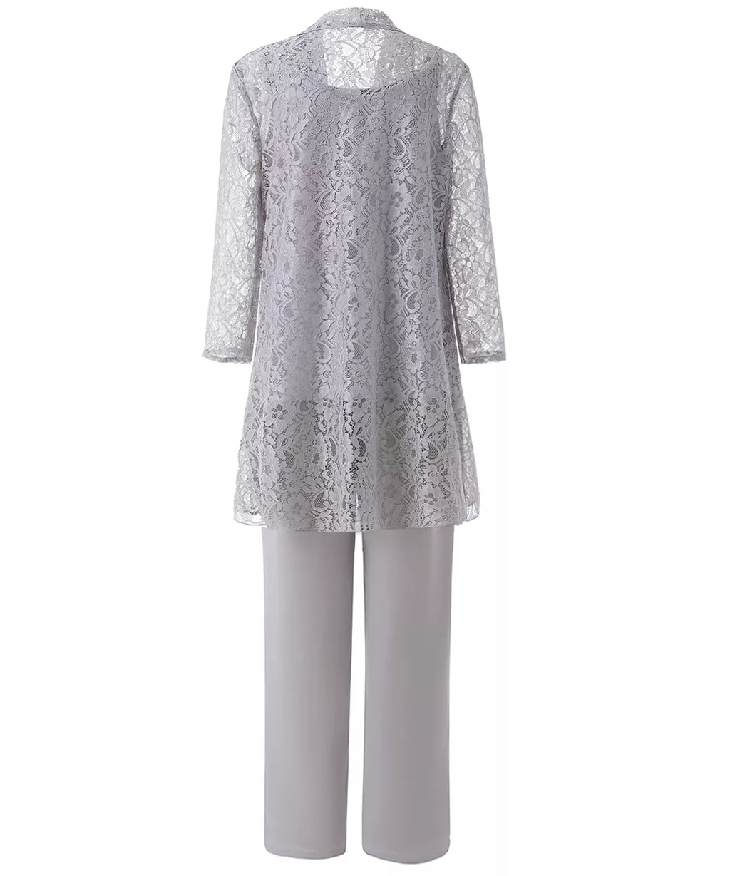 Formal Grey Mother of the Bride Dress 3PCS Pantsuits with Lace Long Sleeves Jacket - promboutiqueonline