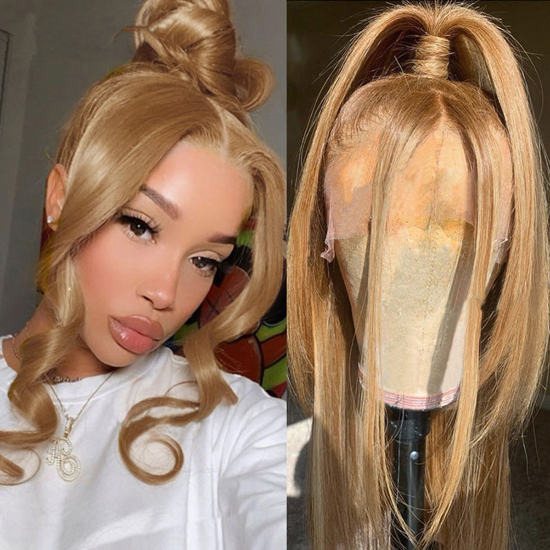 Honey Blonde Straight lace front Remy Human Hair Wig For Women with Transparent Lace - promboutiqueonline