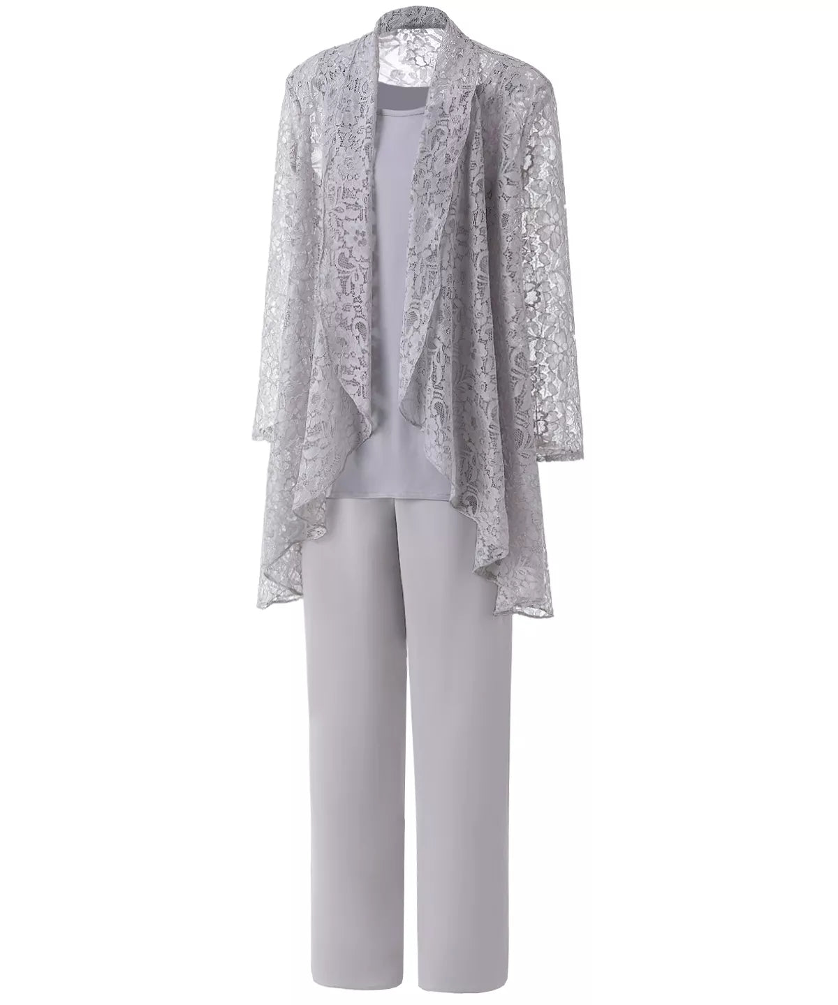 Formal Grey Mother of the Bride Dress 3PCS Pantsuits with Lace Long Sleeves Jacket - promboutiqueonline