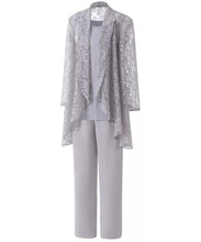 Load image into Gallery viewer, Formal Grey Mother of the Bride Dress 3PCS Pantsuits with Lace Long Sleeves Jacket