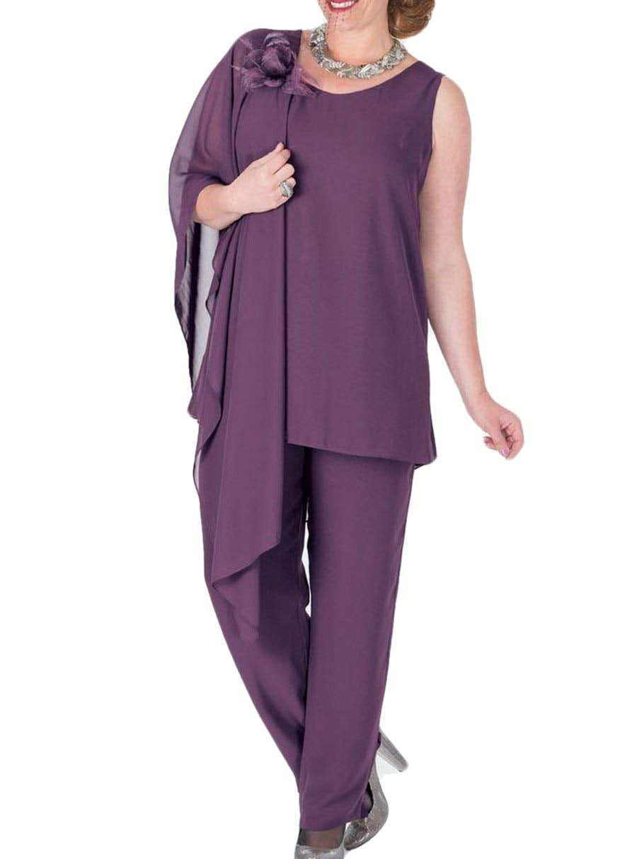Purple Flower Mother of the Bride Dresses with Jacket 3 Pieces Chiffon Dressy Pant Suits Wedding Outfit - promboutiqueonline
