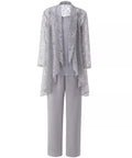 Formal Grey Mother of the Bride Dress 3PCS Pantsuits with Lace Long Sleeves Jacket - promboutiqueonline