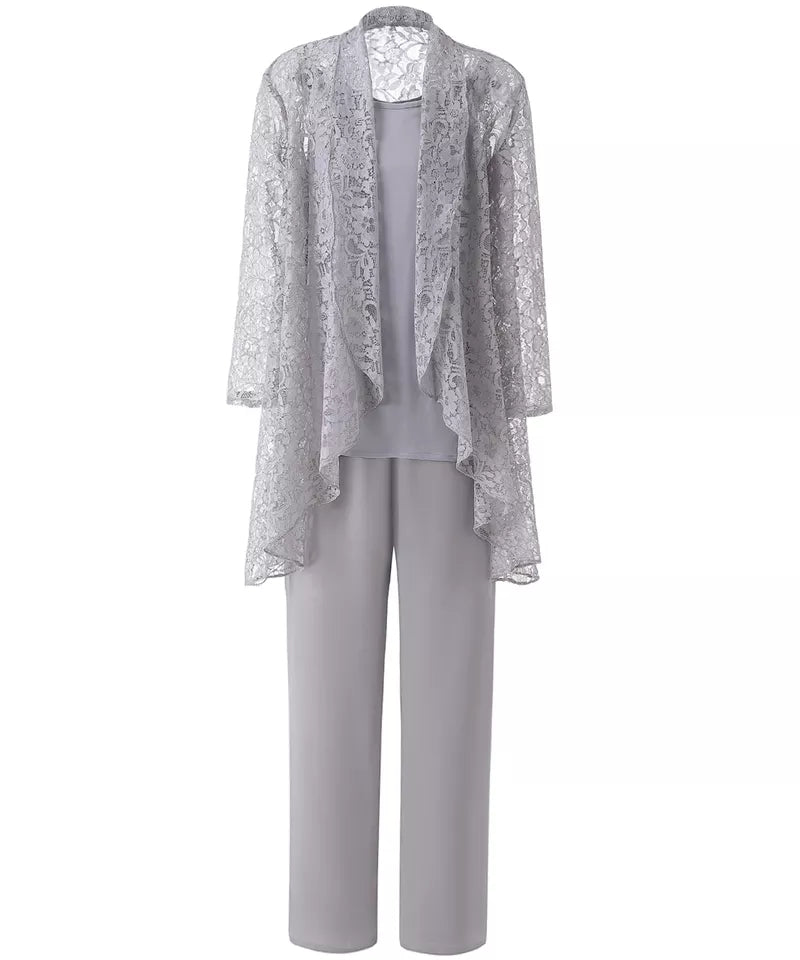 Formal Grey Mother of the Bride Dress 3PCS Pantsuits with Lace Long Sleeves Jacket - promboutiqueonline