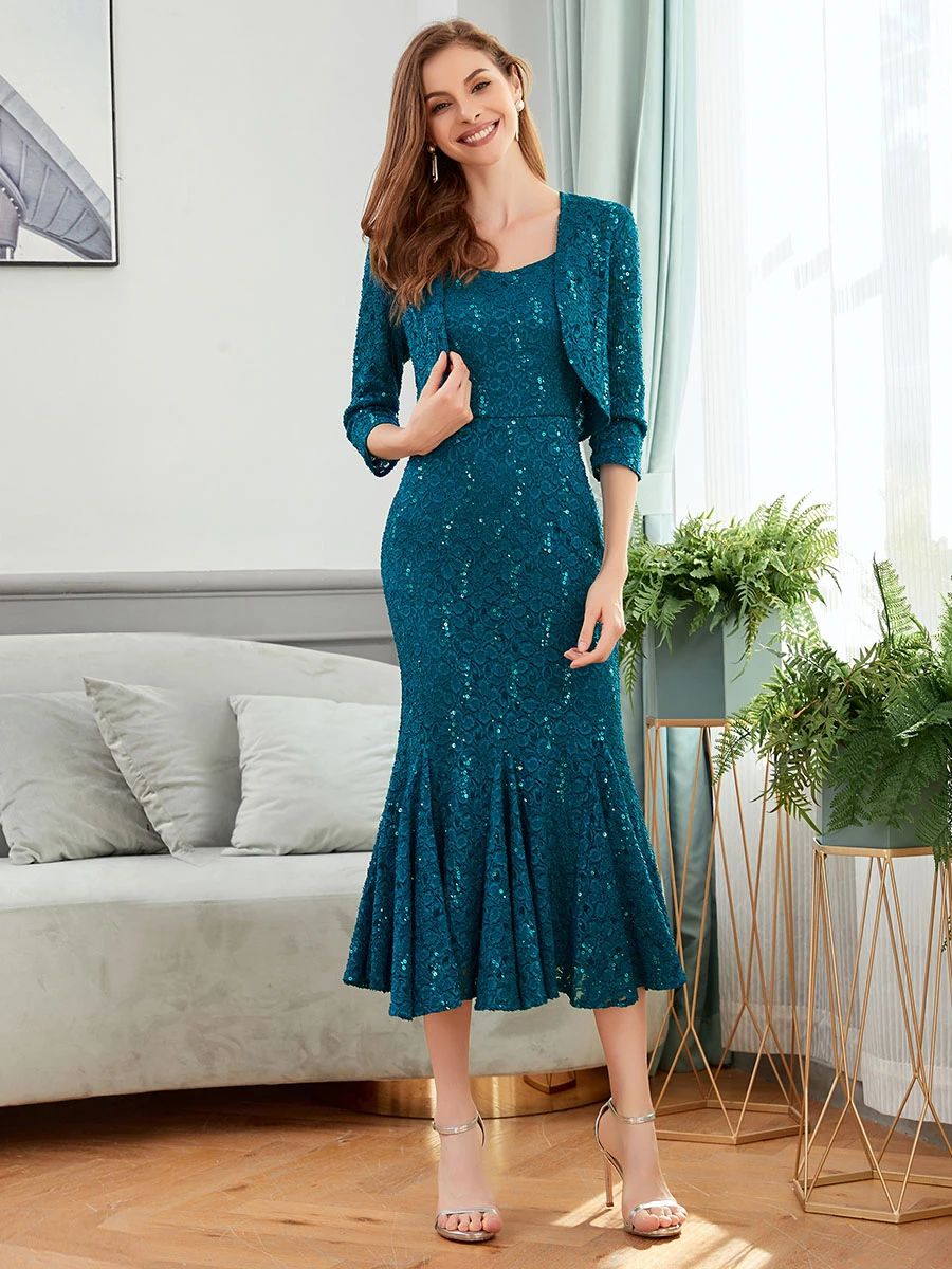 Mid-Length Peacock Lace Fit and Flare Glitter Mother of The Bride Dresses Two Pieces - promboutiqueonline