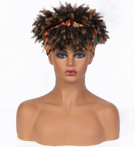 Afro Puff Kinky Curly Synthetic Short Headband Wigs with Turban Wrap For Black Women Heat Resistent - promboutiqueonline