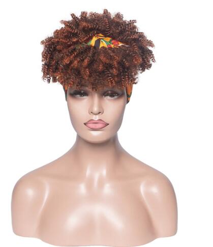 Afro Puff Kinky Curly Synthetic Short Headband Wigs with Turban Wrap For Black Women Heat Resistent - promboutiqueonline