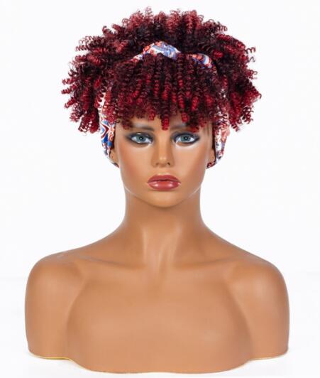 Afro Puff Kinky Curly Synthetic Short Headband Wigs with Turban Wrap For Black Women Heat Resistent - promboutiqueonline