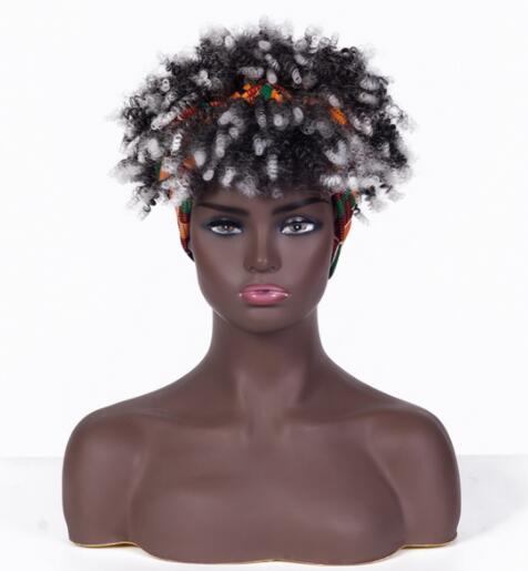 Afro Puff Kinky Curly Synthetic Short Headband Wigs with Turban Wrap For Black Women Heat Resistent - promboutiqueonline