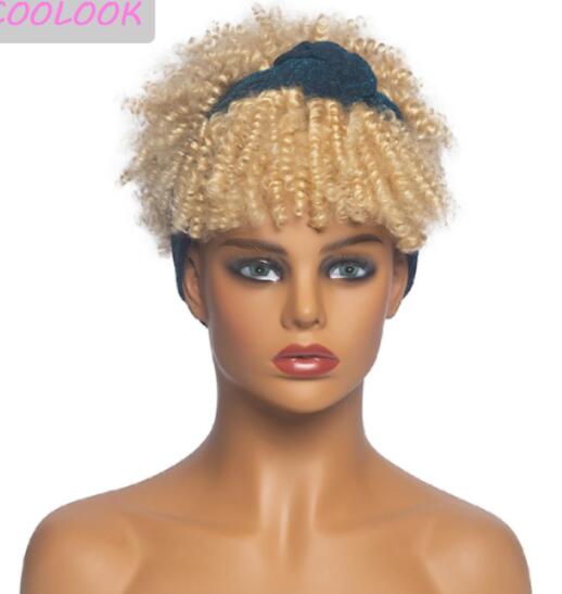 Afro Puff Kinky Curly Synthetic Short Headband Wigs with Turban Wrap For Black Women Heat Resistent - promboutiqueonline
