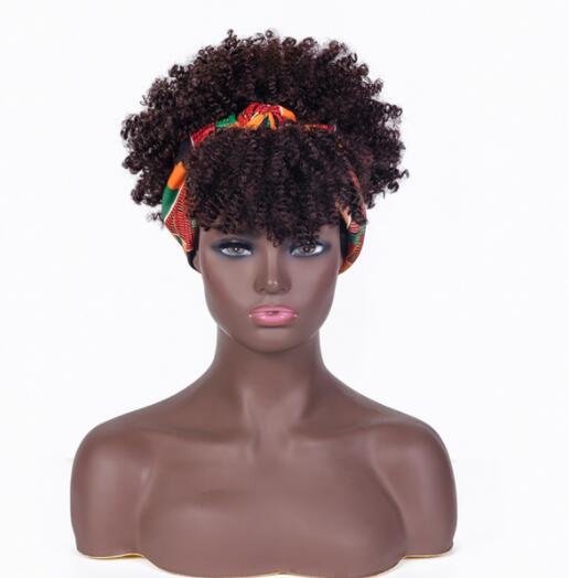 Afro Puff Kinky Curly Synthetic Short Headband Wigs with Turban Wrap For Black Women Heat Resistent - promboutiqueonline