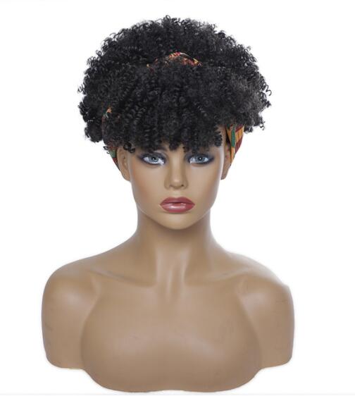 Afro Puff Kinky Curly Synthetic Short Headband Wigs with Turban Wrap For Black Women Heat Resistent - promboutiqueonline