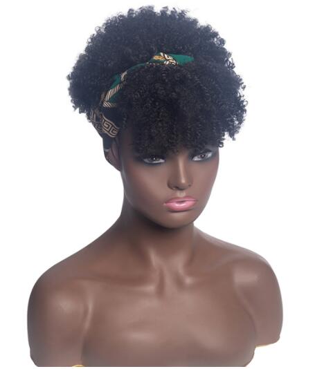 Afro Puff Kinky Curly Synthetic Short Headband Wigs with Turban Wrap For Black Women Heat Resistent - promboutiqueonline