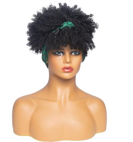 Afro Puff Kinky Curly Synthetic Short Headband Wigs with Turban Wrap For Black Women Heat Resistent - promboutiqueonline