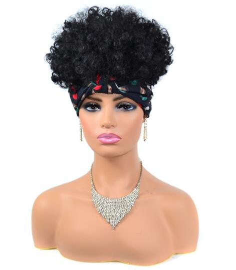 Afro Puff Kinky Curly Synthetic Short Headband Wigs with Turban Wrap For Black Women Heat Resistent - promboutiqueonline