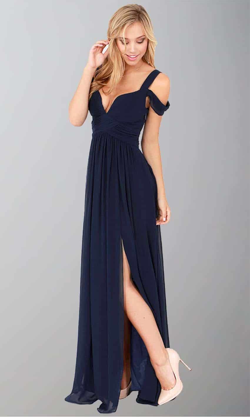 Dark Navy Off The Shoulder Maxi Prom Dresses with Side Slit P246 - promboutiqueonline