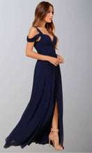 Load image into Gallery viewer, Dark Navy Off The Shoulder Maxi Prom Dresses with Side Slit P246