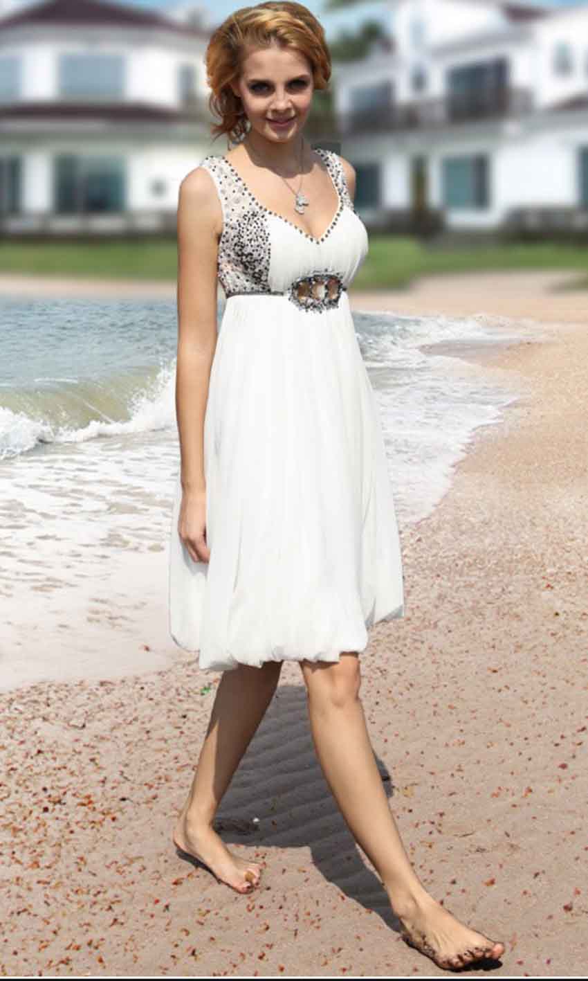 Beaded Straps Empire Short Casual Beach Wedding Dresses - promboutiqueonline
