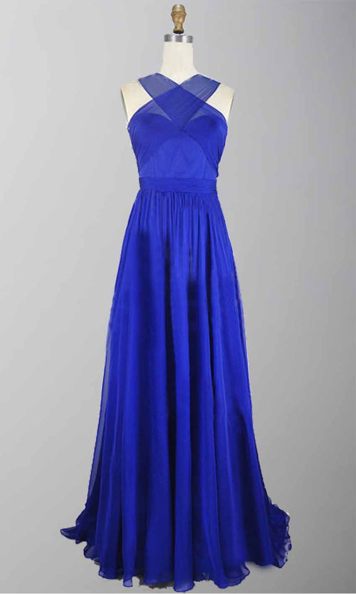 Blue Cross Strap Cut Out Long Formal Chiffon Prom Dress with Train P273 - promboutiqueonline