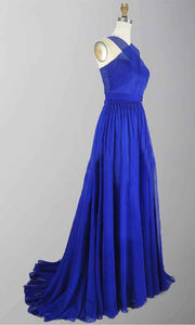 Blue Cross Strap Cut Out Long Formal Chiffon Prom Dress with Train P273
