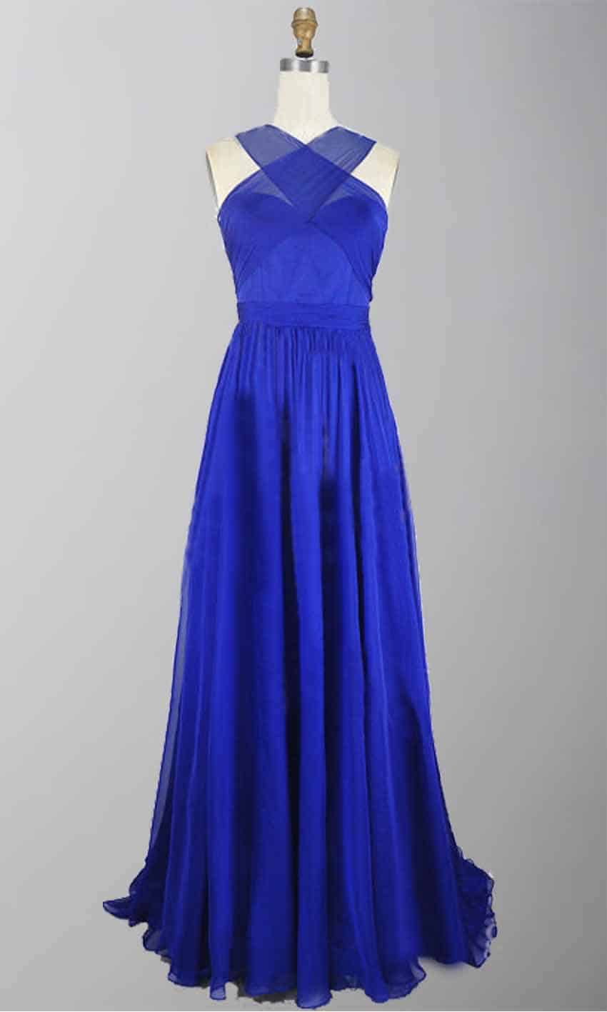 Blue Cross Strap Cut Out Long Formal Chiffon Prom Dress with Train P273