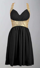 Load image into Gallery viewer, Black and Gold Sequin Short Prom Graduation Dresses with Straps KSP380
