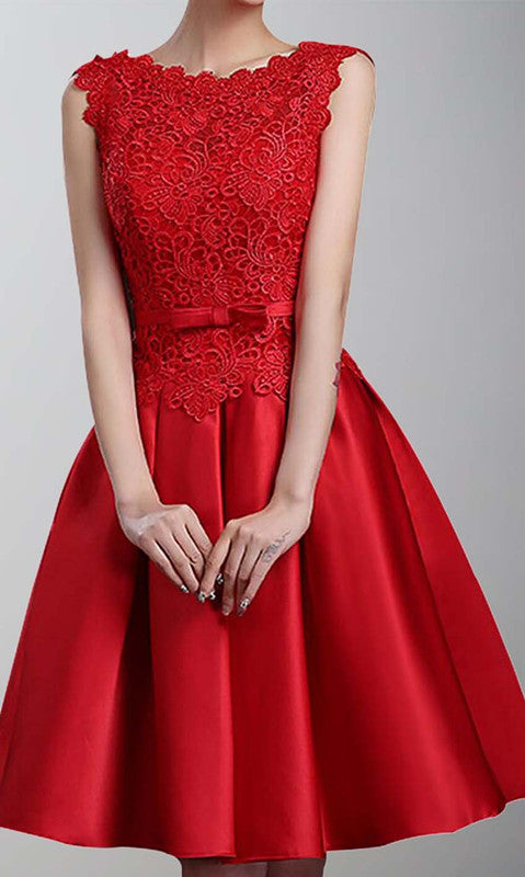 Short Applique Red Lace Up Bridesmaid Dress with Oblong Neckline P430 - promboutiqueonline