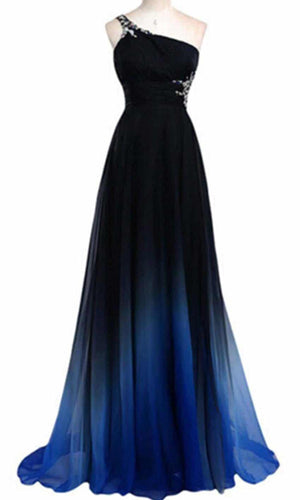One Shouler Long Blue Gradient Prom Dresses with Band Back P433