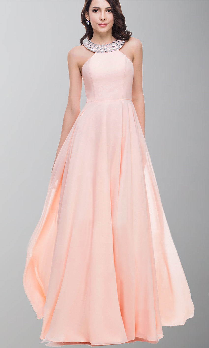 Long Pink Prom Dresses with Crystal Round Neckline P437 - promboutiqueonline
