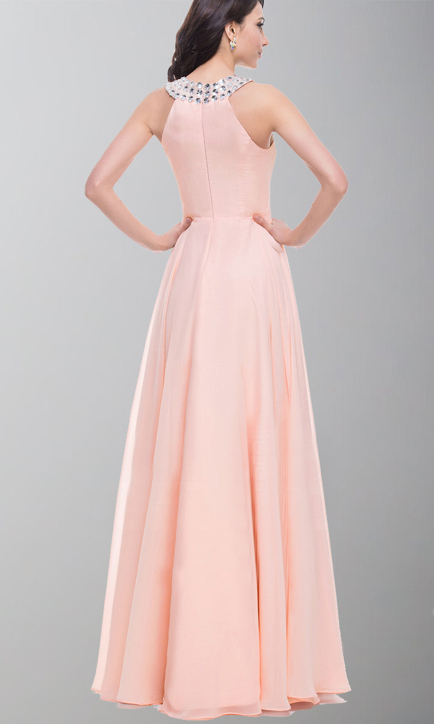 Long Pink Prom Dresses with Crystal Round Neckline P437 - promboutiqueonline