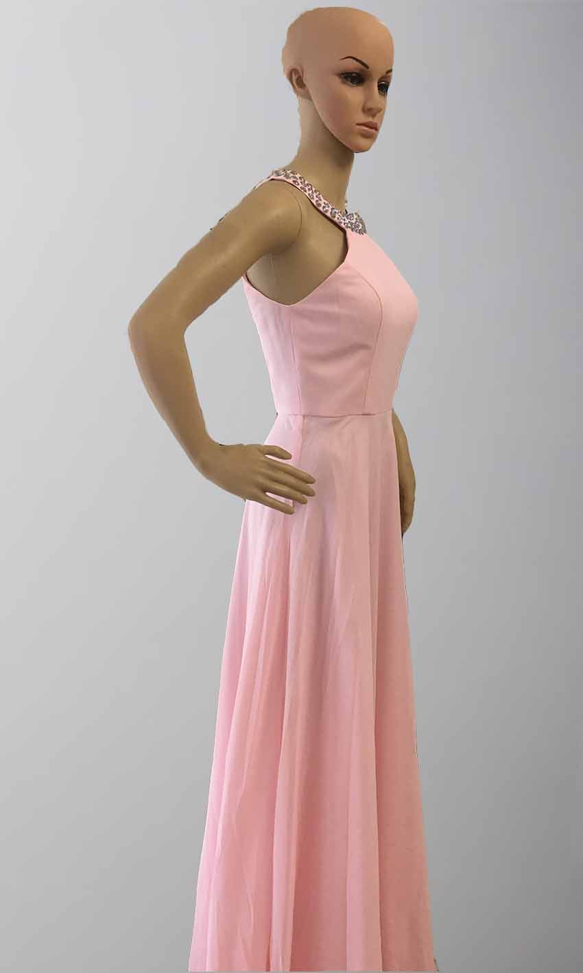 Long Pink Prom Dresses with Crystal Round Neckline P437 - promboutiqueonline
