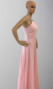 Long Pink Prom Dresses with Crystal Round Neckline P437