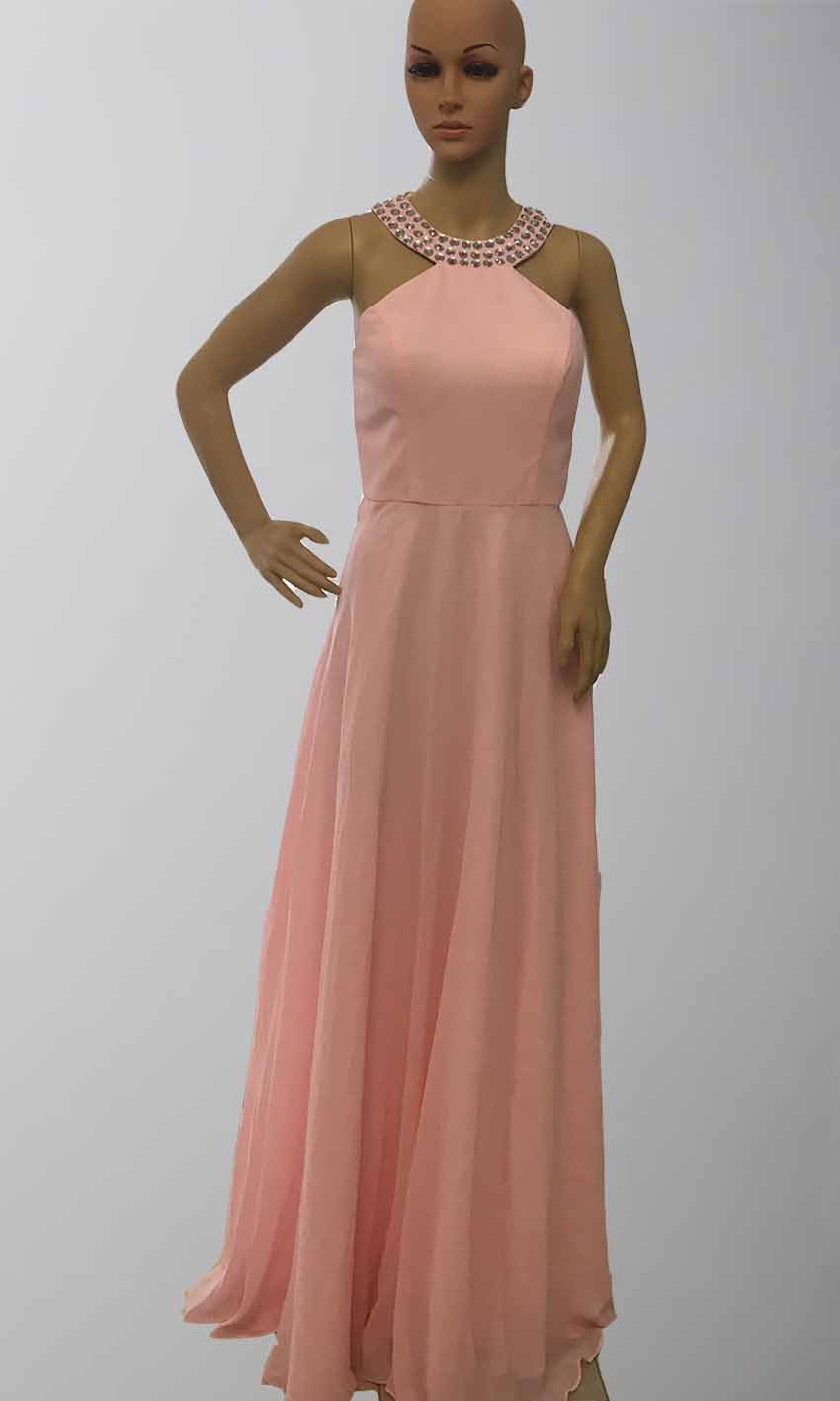 Long Pink Prom Dresses with Crystal Round Neckline P437 - promboutiqueonline