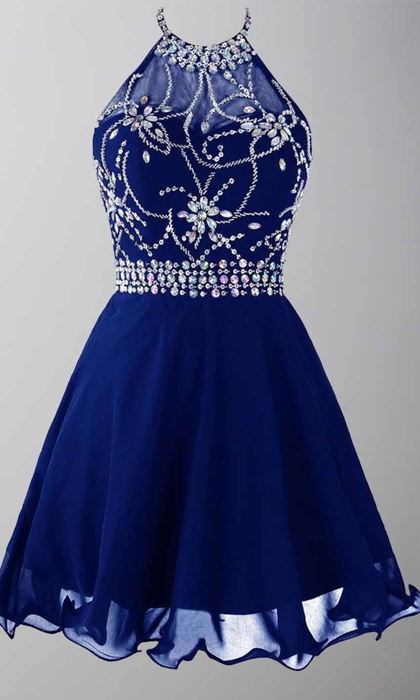 Jeweled Blue Short Prom Dresses Graduation dresses with Sheer Halter Top P439 - promboutiqueonline