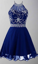 Load image into Gallery viewer, Jeweled Blue Short Prom Dresses Graduation dresses with Sheer Halter Top P439