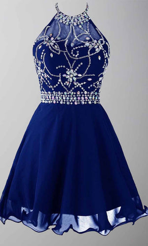 Jeweled Blue Short Prom Dresses Graduation dresses with Sheer Halter Top P439