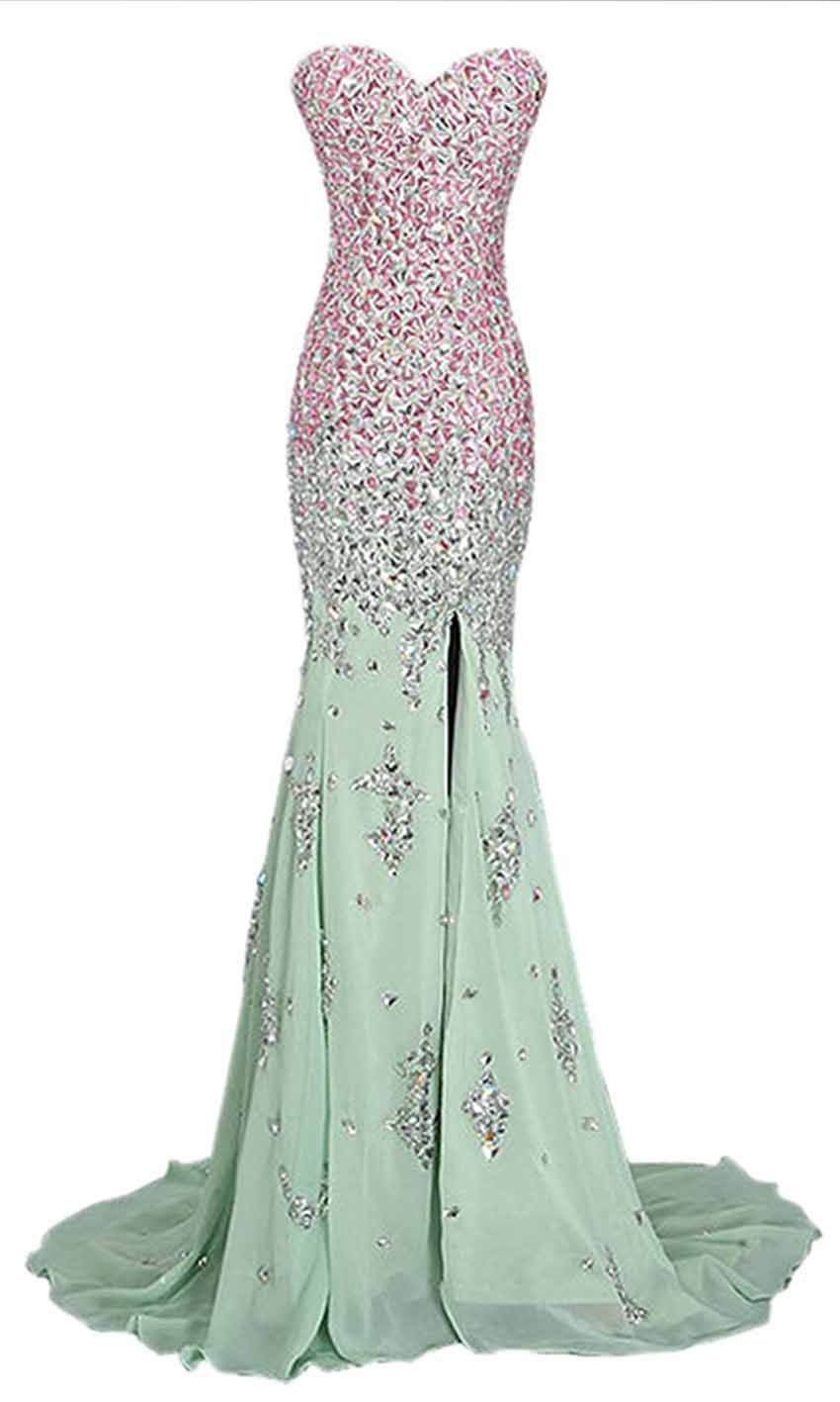Long Green Jeweled Mermaid Prom Dresses with Sexy Slit P440 - promboutiqueonline