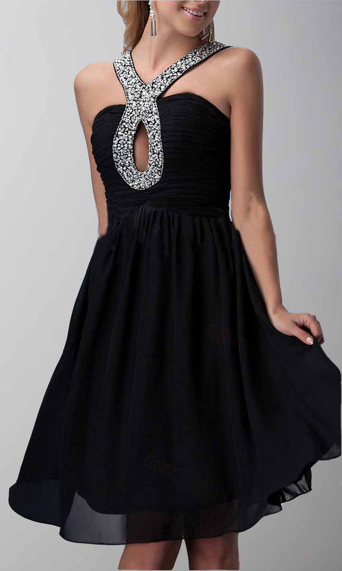 Keyhole Sequin Halter Straps Short Black Graduation Prom Dresses P441 - promboutiqueonline