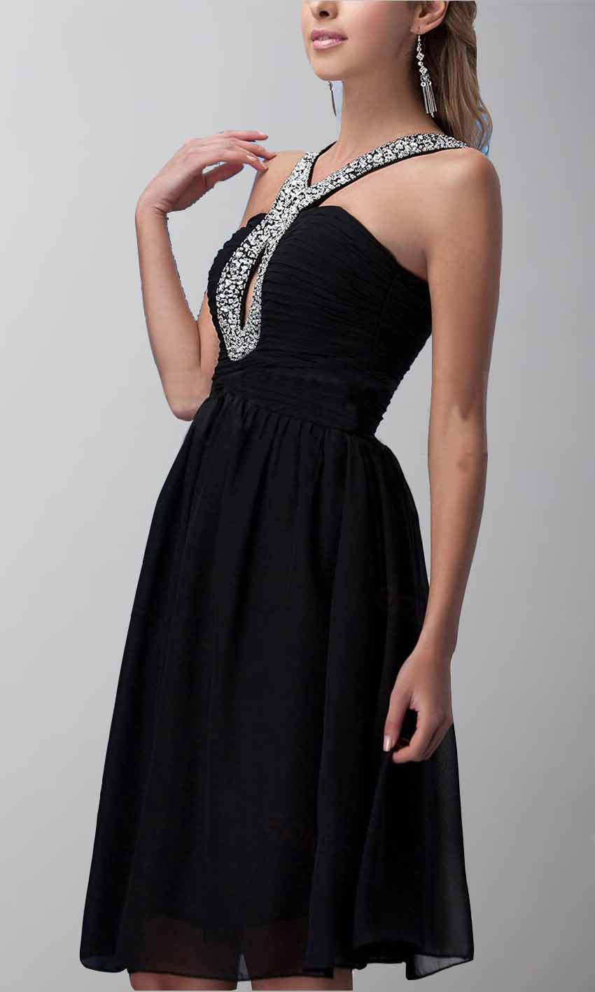 Keyhole Sequin Halter Straps Short Black Graduation Prom Dresses P441 - promboutiqueonline