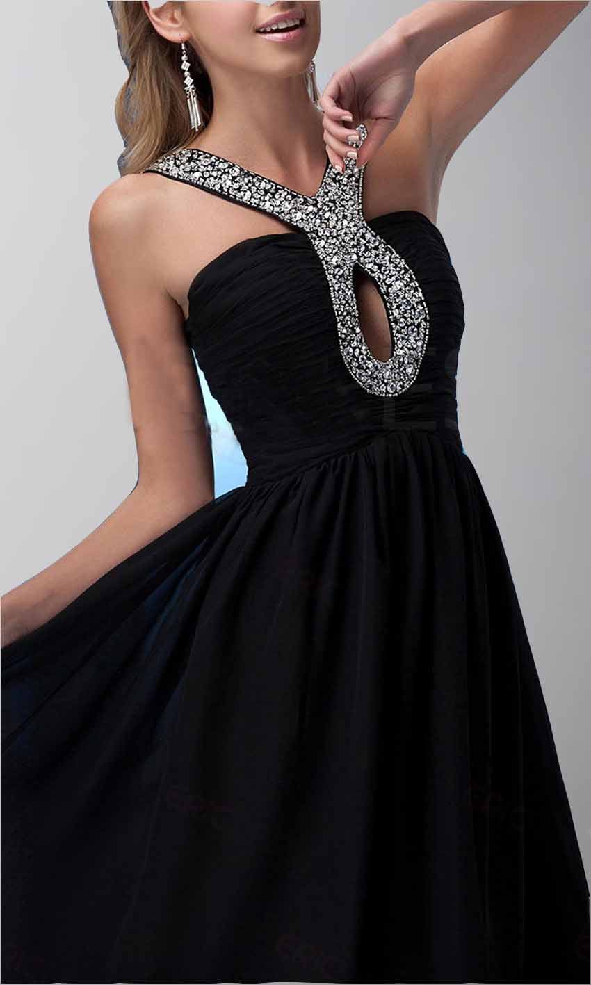 Keyhole Sequin Halter Straps Short Black Graduation Prom Dresses P441 - promboutiqueonline