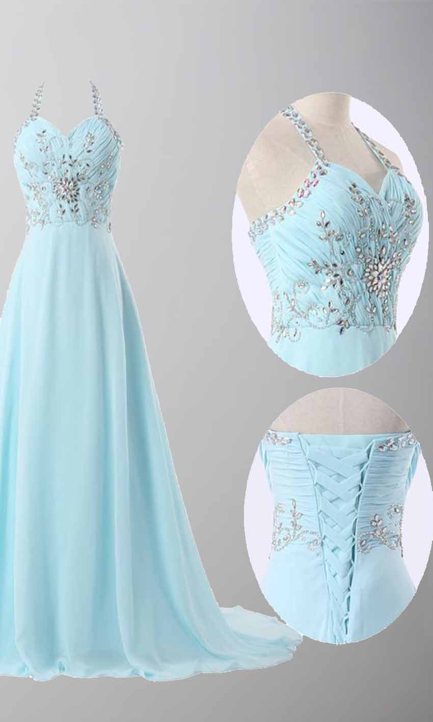 Sky Blue Crystal Halter Long Prom Dresses Tie Up Back P447 - promboutiqueonline