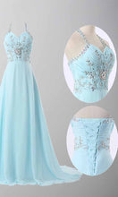 Load image into Gallery viewer, Sky Blue Crystal Halter Long Prom Dresses Tie Up Back P447