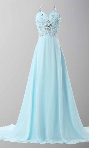 Sky Blue Crystal Halter Long Prom Dresses Tie Up Back P447