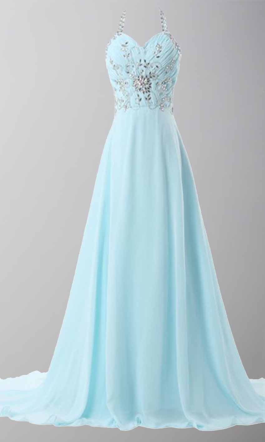 Sky Blue Crystal Halter Long Prom Dresses Tie Up Back P447