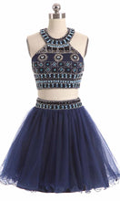 Load image into Gallery viewer, Patterned Beading Halter Straps Two-pieces Keyhole Short Blue Graduation Dresses P450