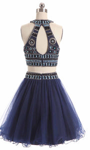 Patterned Beading Halter Straps Two-pieces Keyhole Short Blue Graduation Dresses P450